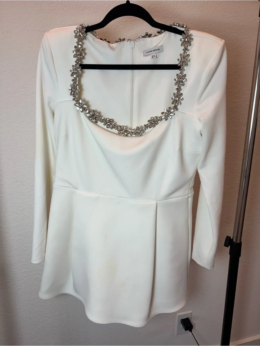 Nadine Merabi White Crystal Embellished Long Sleeve Mini Dress US 10